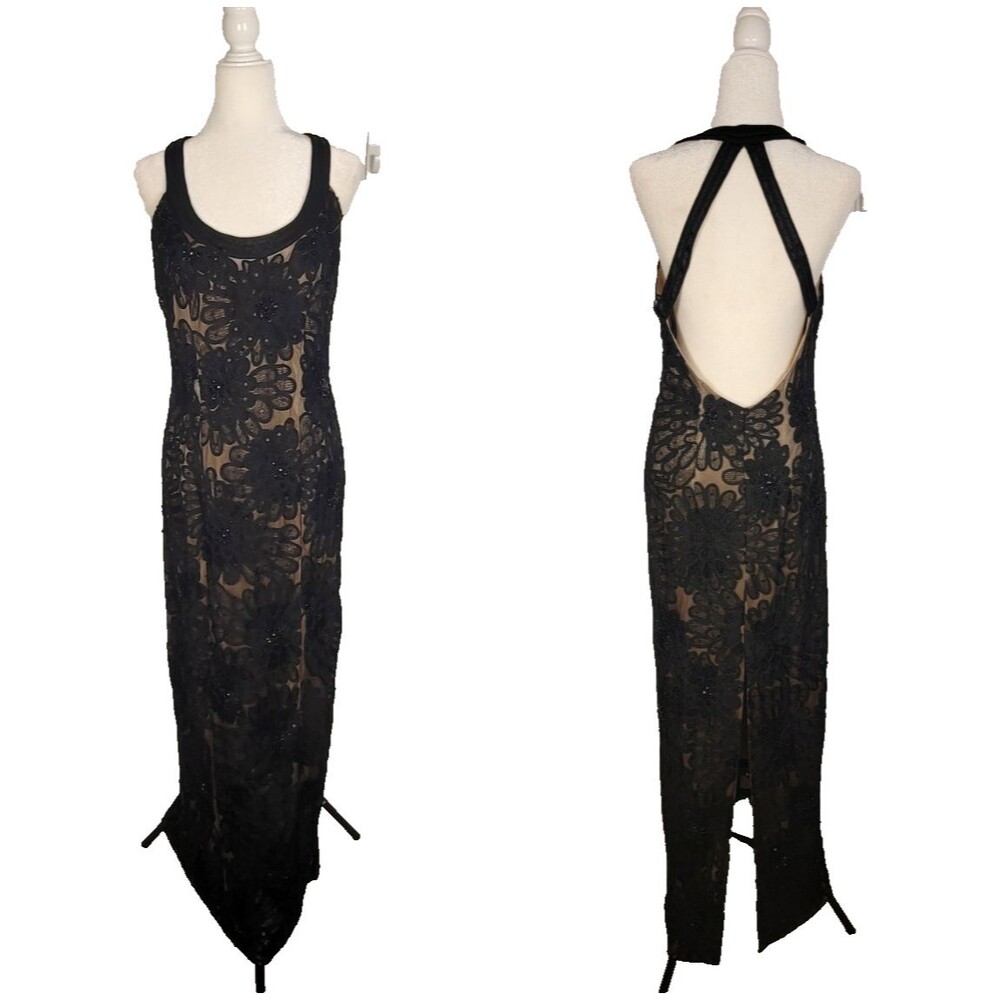 Sue Wong Black Floral Lace Beaded Sheer Open Back Long Dress Size 12
